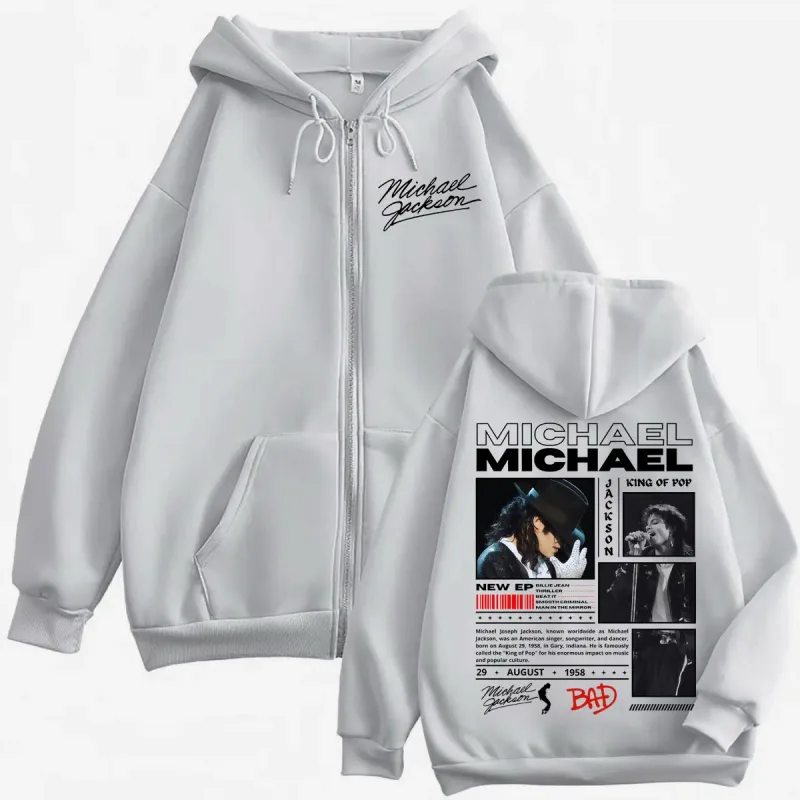 Cantor michael jackson clássico zíper hoodies rock moda vintage zip up pullovers masculino feminino casual manga comprida camisolas — image 6