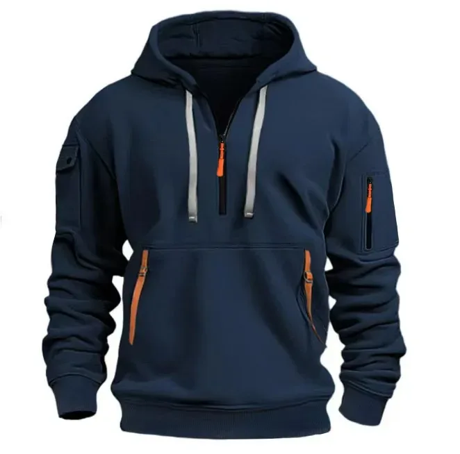 Autumn Men Half Zip Hoodie Multi Zipper Pocket Long Sleeve Pullover Drawstring Hooded Sweatshirt Outdoor Casual Loose Street . — image 3