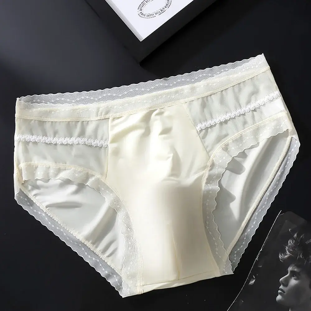 Men's Low Waist Triangle Underwear Sexy Elastic Lace Trim Silk Pouch Ultra-Thin Seamless Underpants plus Size Lingerie — image 7