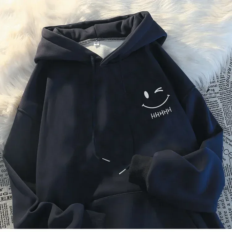 Rosto sorridente masculino engraçado moda casal camisola com capuz americano peso pesado solto engrossado cashmere meninos moletom com capuz topo