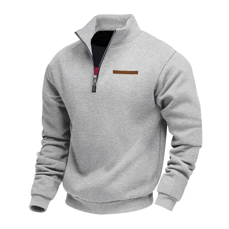 Moletom masculino com zíper com gola alta, pulôver casual de lã quente com listras decorativas no peito