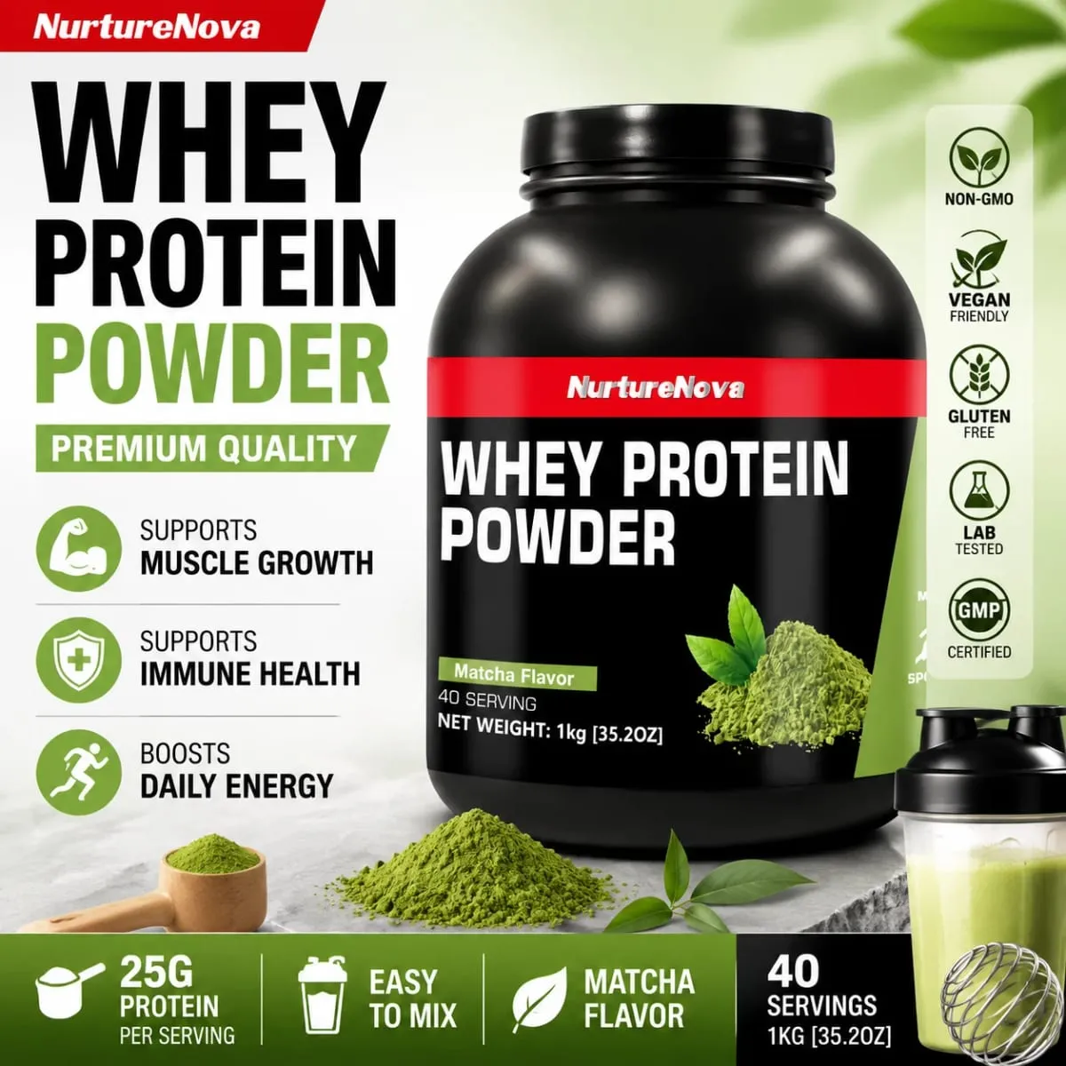 NurtureNova Whey Protein Powder 40 adag fehérje ital keverék felnőtteknek Chocolate Matcha eper ízű napi táplálkozás — image 2