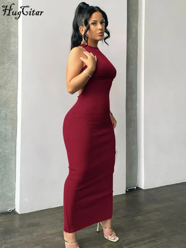 Hugcitar bordázott tömör üreges háttámla ujjatlan szexi hasított miniruha Bodycon 2025 tavaszi női ruhák elegáns buli Y2K — image 5