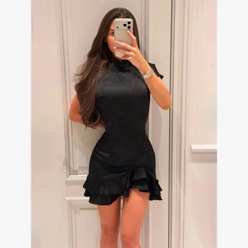 Polka Dot Slim נשים קיץ מיני שמלת מוצק עמוק צווארון V שרוולים נפוחים קפלים כפתור קדמי שמלות קצרות 2026 ליידי ללבוש יומי — image 12