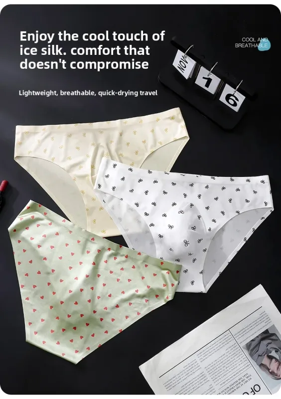 Male Seamless Ice Silk Briefs Cute Heart Bowknot Print 3D Molded Pouch Low Rise Soft Breathable Men Underpants — image 10