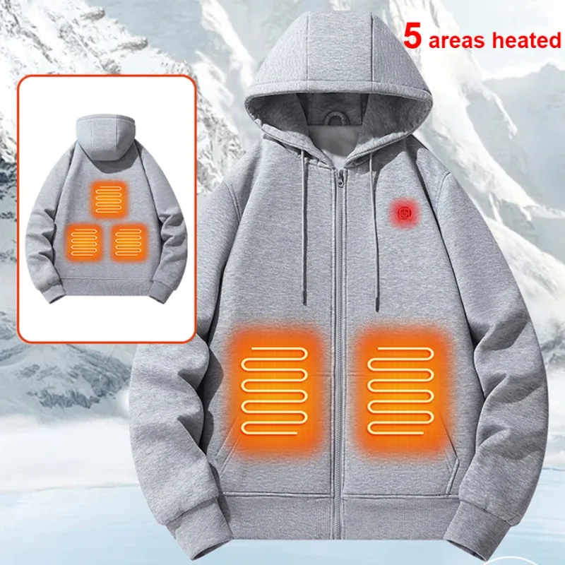 Hoodies de aquecimento usb masculino inverno elétrico aquecido hoodies jaquetas com zíper aquecido com capuz infravermelho 5 áreas de aquecimento jaqueta preto cinza — image 22