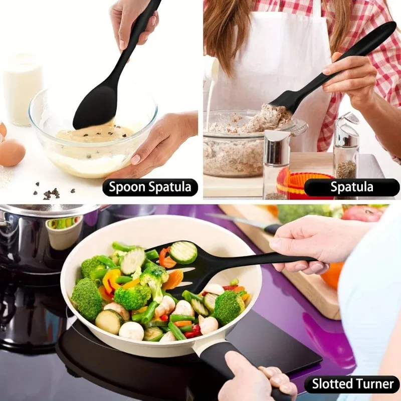1 /7 részes szilikon konyhai edénykészlet - tapadásmentes, spatula kanál szkimmer tésztacsipesz és egyebek főzéshez és sütéshez — image 7