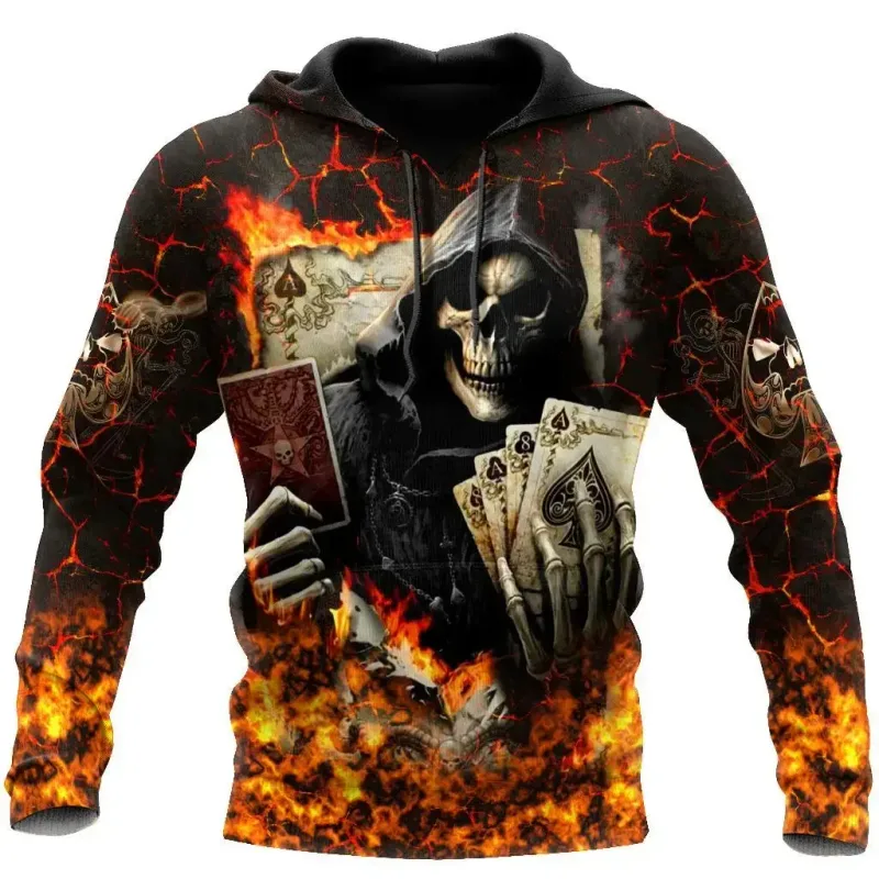 Men Hoodies 3D Print Horror Flaming Skull Graphic Fashion New Style Casual Pullover Personality Oversize Men Clothing Tops
