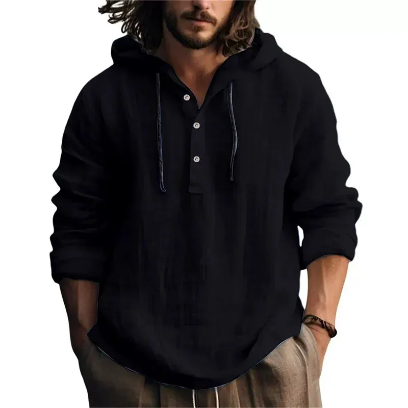 2025 nova blusa casual masculina camisa de linho de algodão solto topos manga longa camiseta primavera outono casual camisas masculinas com capuz — image 1