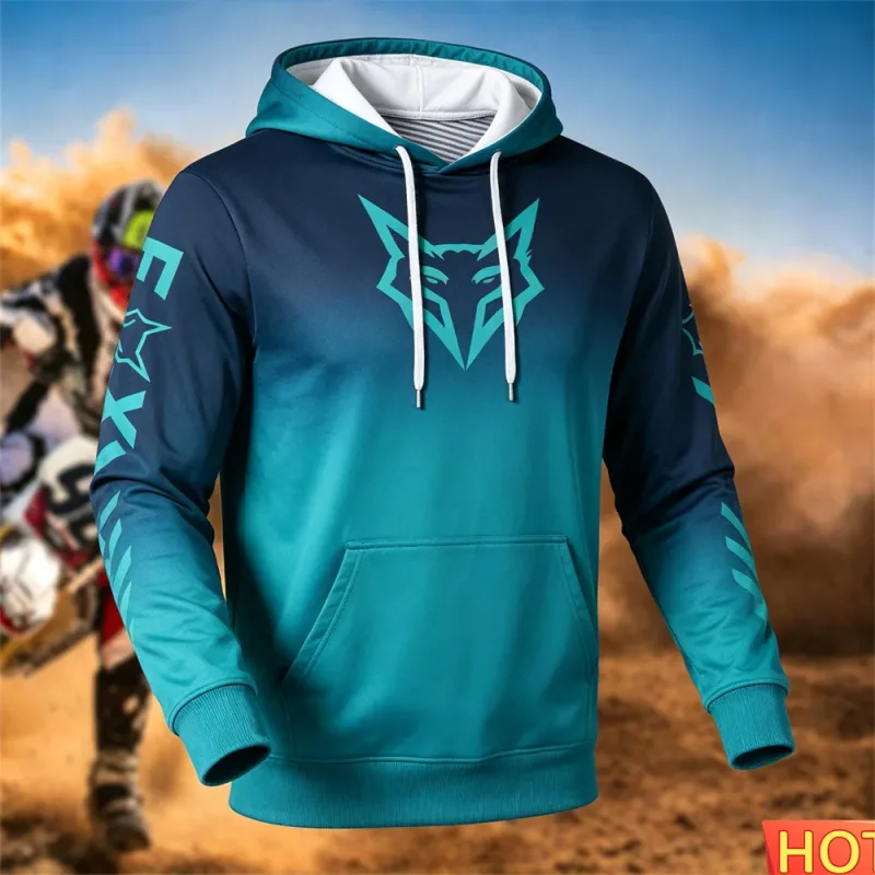 Outono/inverno moletom de corrida masculino ao ar livre ciclismo com capuz pulôver padrão de raposa bolso moletom esportivo motocicleta moletom com capuz — image 5