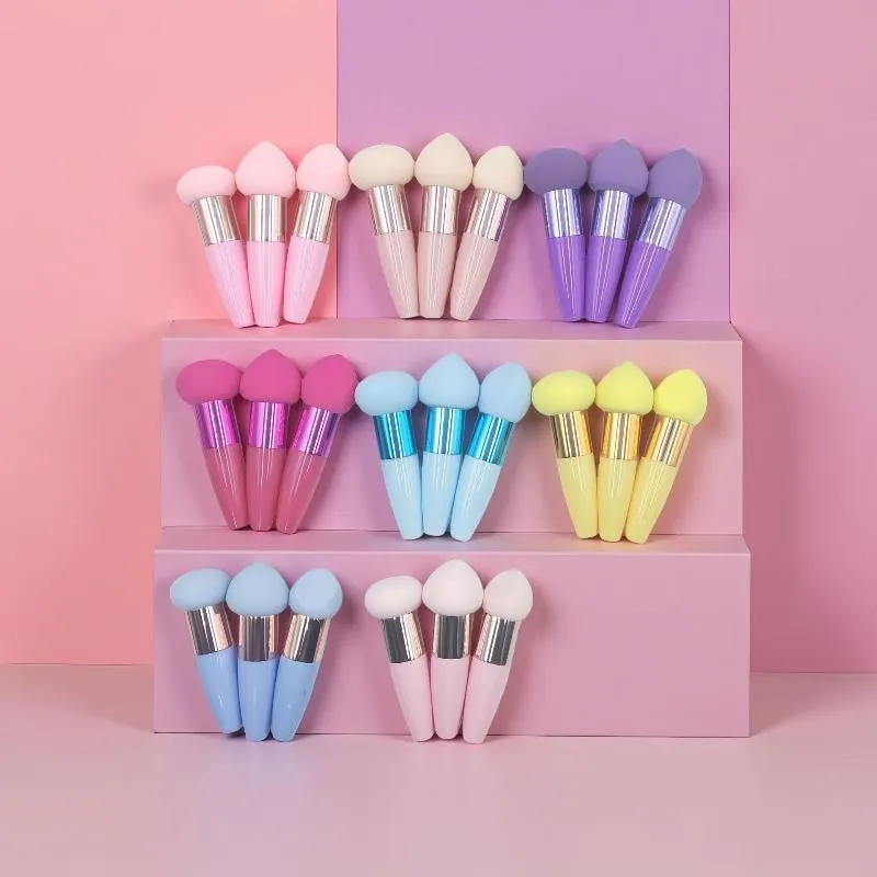 (.) 3 pièces pinceaux de maquillage tête de champignon femmes fond de teint beauté éponge bouffée de poudre avec poignée outil cosmétique de forme lisse