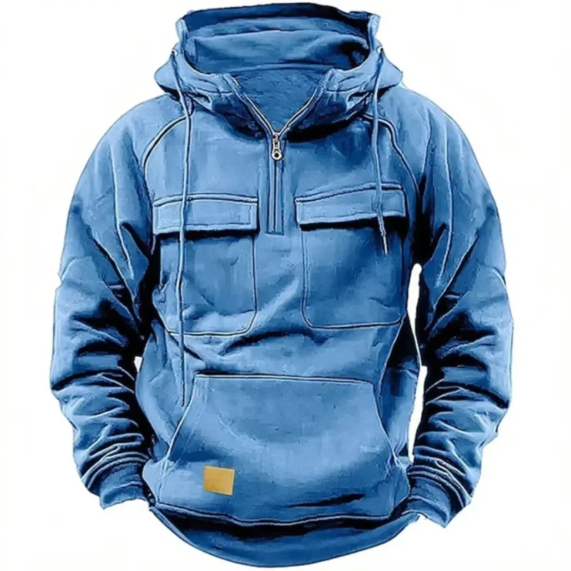 Novo outono-inverno masculino com capuz de cor sólida casual hoodie-moda jovem multi-bolso remendo moletom com capuz pulôver camisa — image 8