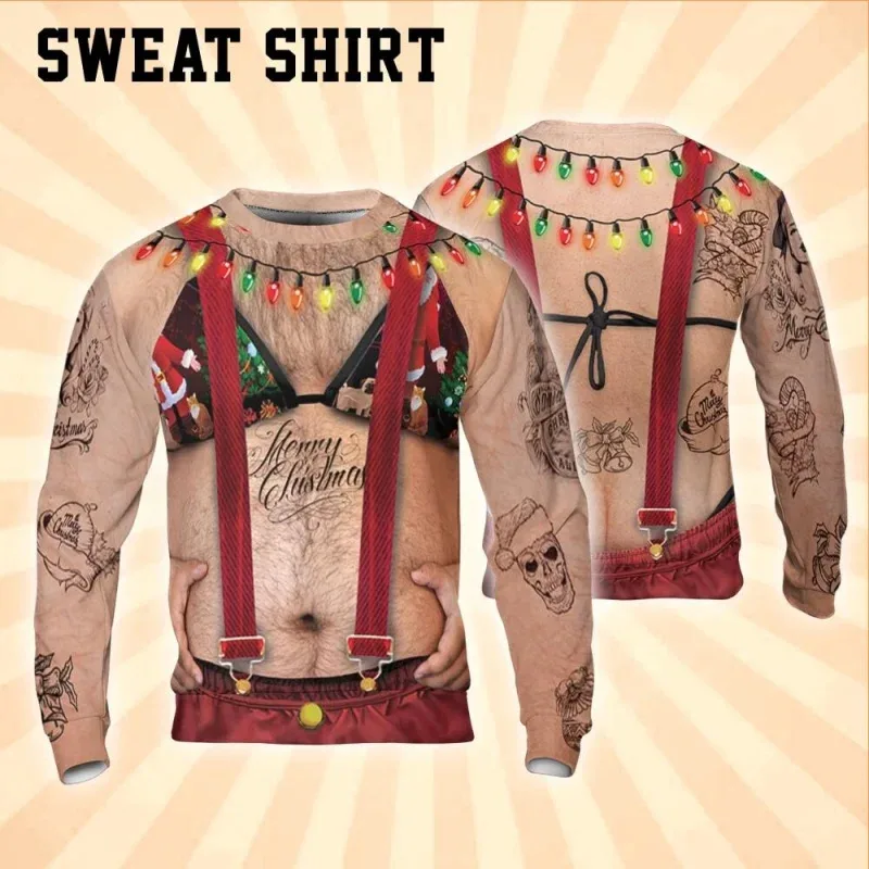 3D Print Ugly Christmas Sweatshirts For Men Women Santa Claus Pattern Long Sleeves Casual Festival Loose Pullover O-Neck Hoodies
