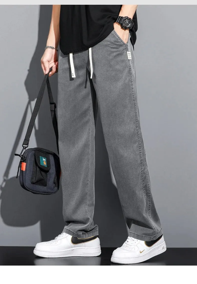 S-5XL 6Style Men's Loose Jeans Summer Soft Lyocell Thin Fabric Straight Pants Drawstring Elastic Waist Korea Casual Trousers Y2K