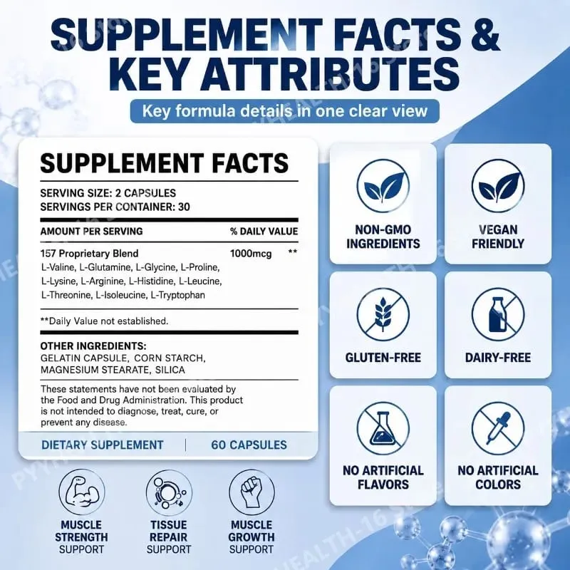 157 קפסולות קומפלקס החלמה עם L-Valine ו-L-Glutamine להחלמה תומכות בצמיחת שרירים תערובת אמינו 1000 מק"ג 60 כמוסות