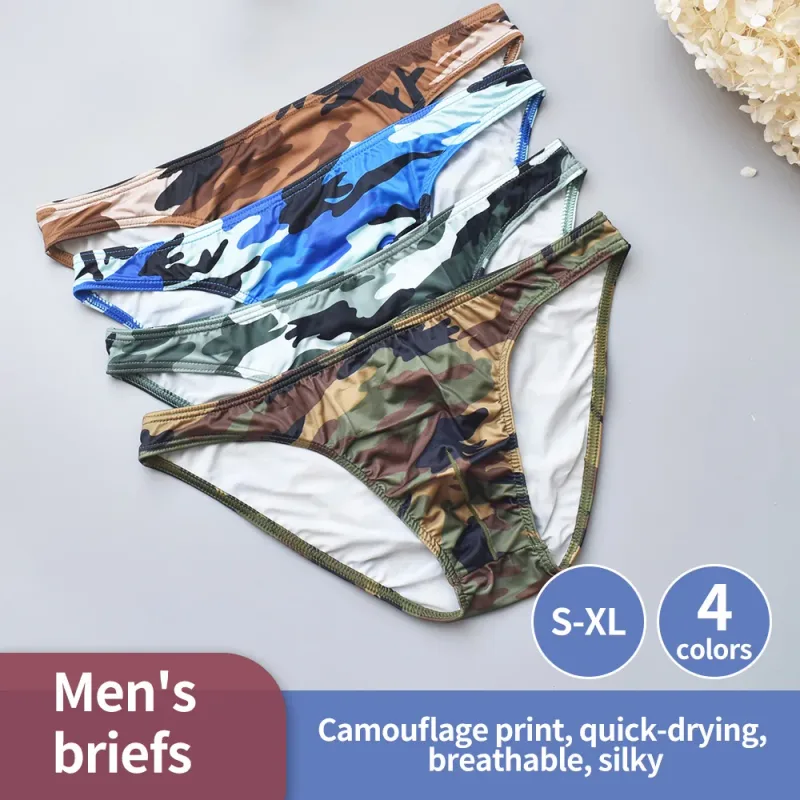 Silky Camo Print Men's Briefs - Quick-Dry Breathable Underwear Ideal for Gym Workouts & Daily Casual Wear