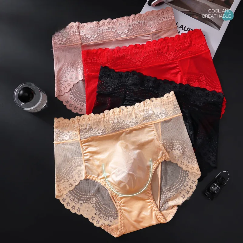 Flor renda malha oco para fora sexy roupa interior masculina de seda gelo respirável sem costura fina triângulo calças macio traceless cuecas masculinas — image 1
