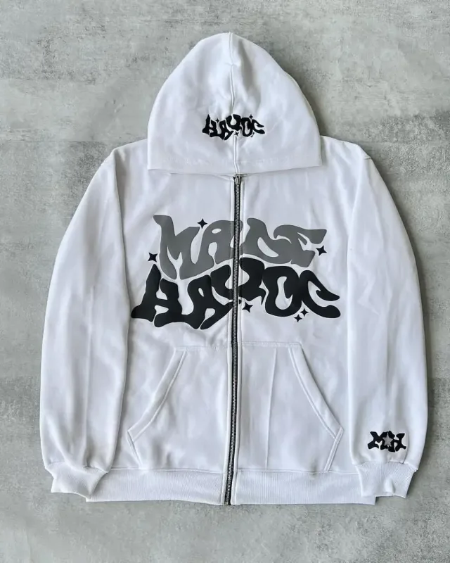 Moletom masculino retrô americano com zíper estampado com capuz unissex outono e inverno cardigan aberto — image 12