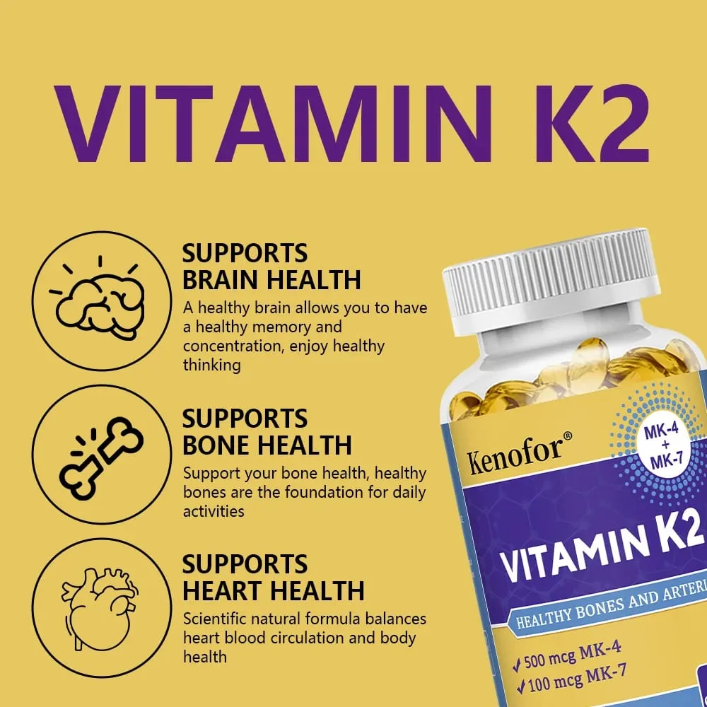 Vitamin K2 Capsules - MK-4 & MK-7 Support Calcium Metabolism Bone Teeth Joint & Cardiovascular Wellness Daily Immune Balance