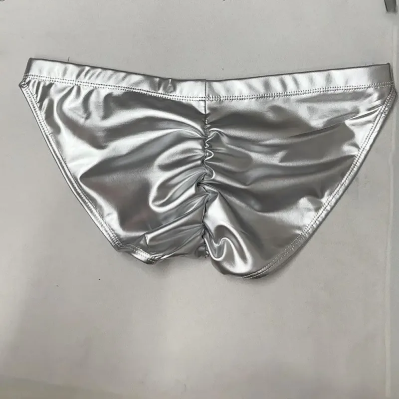 Oil Glossy Swimming Briefs PU Lather Elastic Low-rise Buttocks-Lifting Slip Bikini Shirring Crotch Seam Underwear Bathing Shorts — image 11