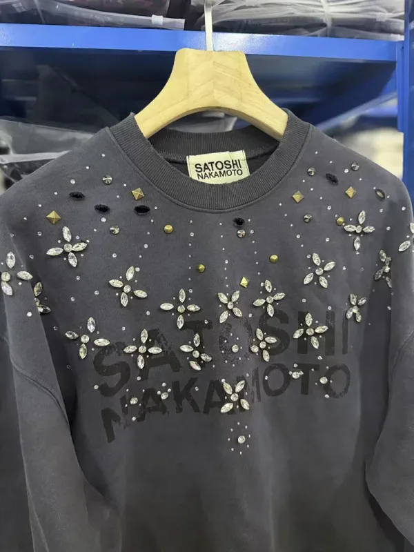 Letters Logo Rhinestone Rivet Satoshi Nakamoto Sweatshirts Men Women Streetwear Vintage Washed Charcoal Gray Green Pullovers Tag