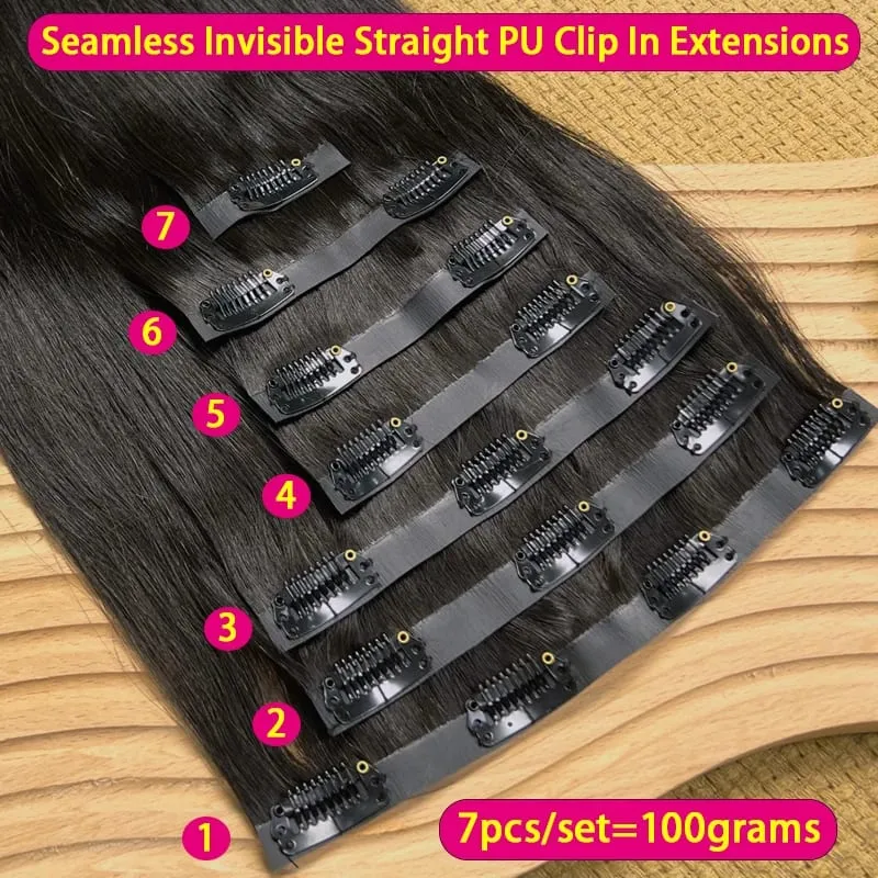 Bone Straight Clip In Emberi Hajhosszabbítás Feldolgozatlan nyers Hajhosszabbítás Teljes fejű Seamless Clip Ins Hosszabbító 100g/7db — image 4