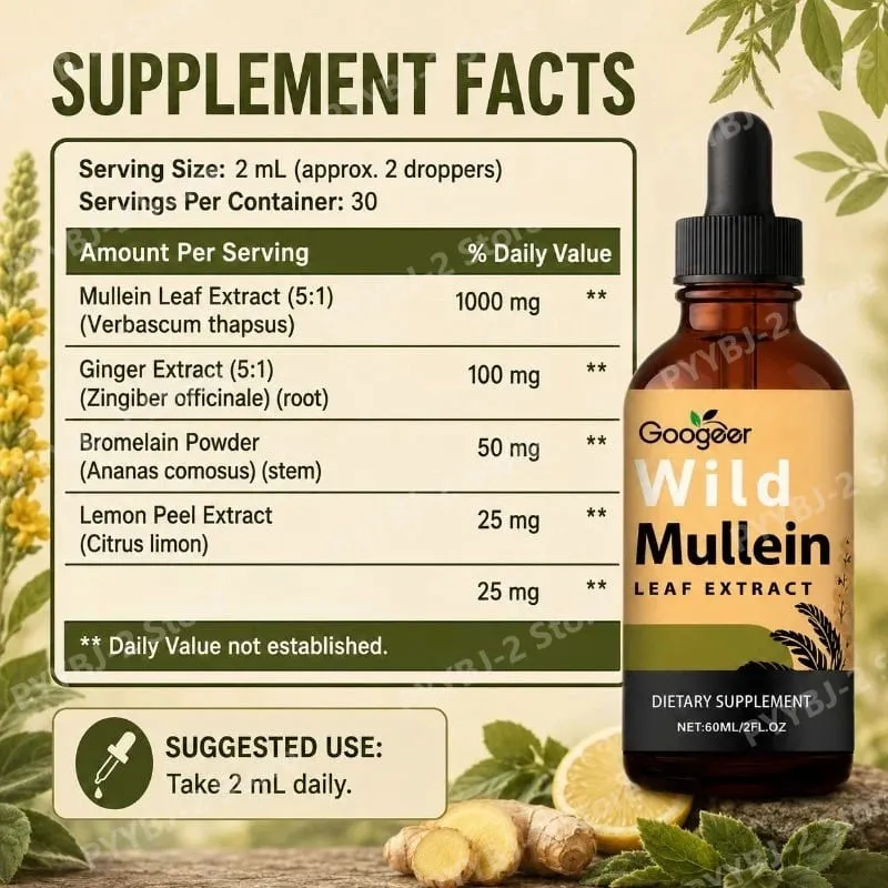 Mullein folyékony cseppek 60 ml vadon élő manyhén levél kivonattal és gyömbérrel, támogatja a tüdő egészségét és a szennyeződések tisztítását, növényi kiegészítővel