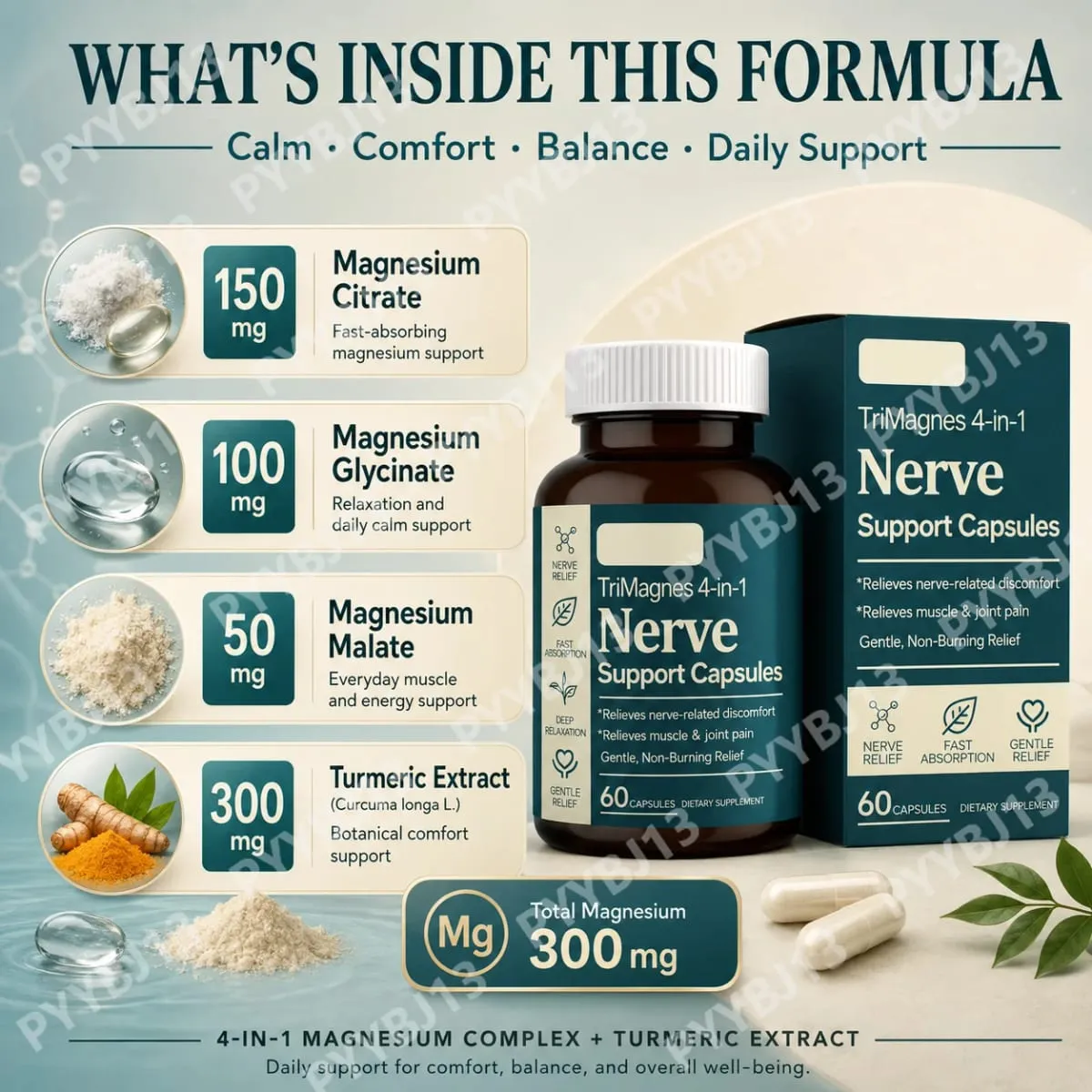 4-in-1 Magnesium Nerve Support Capsules with Citrate Glycinate Malate & Turmeric Extract 60 CT Fast Absorption Formula — image 3