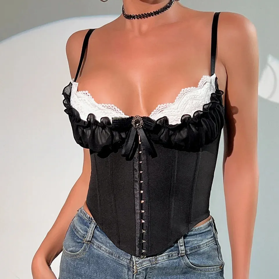 Sexy V λαιμόκοψη Y2K Μπλούζες με δαντέλα με πλισέ μπουφάν με κορσέ Σέξι μπουστάκι από ψαροκόκαλο σε σχήμα σώματος με λεπτή καμίζα — image 5