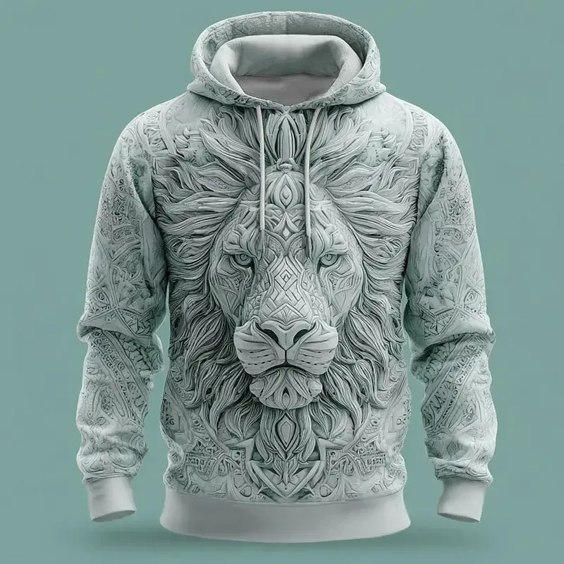 2026 Fall Winter Men's Vintage Animal Lion 3D Prints Hooded Hoodies Sweatshirt Long Sleeve Crew Neck Streetwear Drawstring Tops — image 8