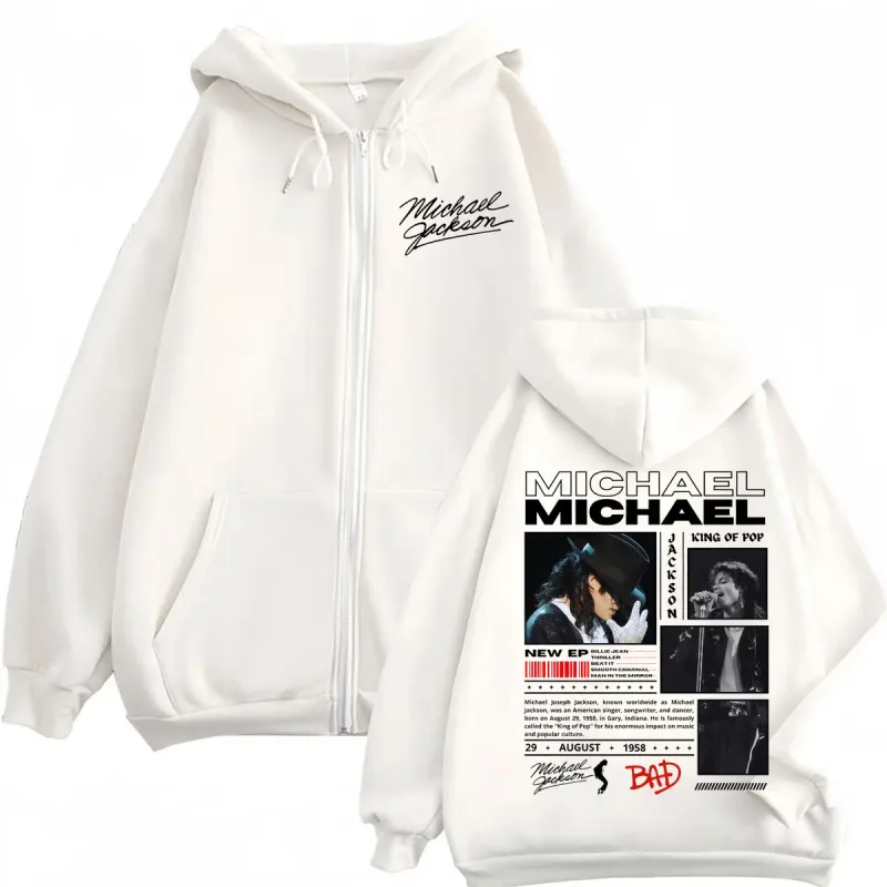 Cantor michael jackson clássico zíper hoodies rock moda vintage zip up pullovers masculino feminino casual manga comprida camisolas