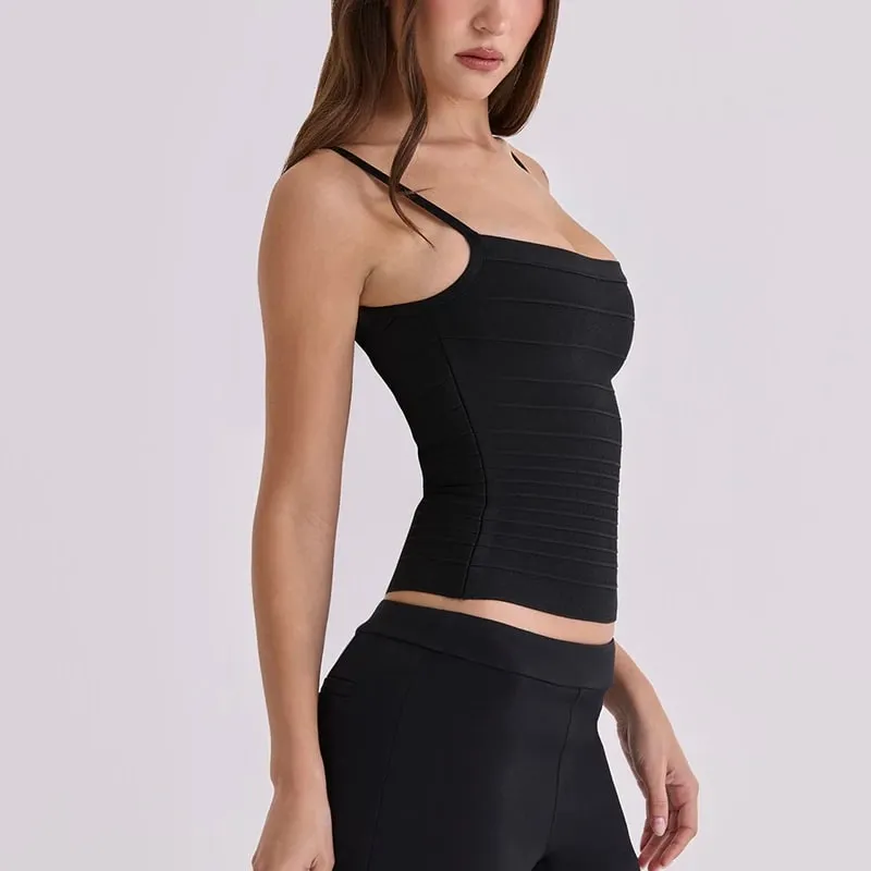 Női nyári egyszínű kötés Camisole Slim Fit négyzet alakú nyakú spagetti pánt bordás kötött Cami felső