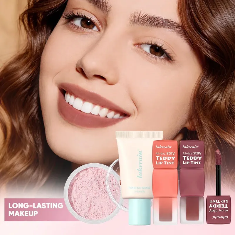 4 τμχ/σετ Pore No More Primer + Lip Tint + Loose Setting Powder Σετ μακιγιάζ Ματ μακράς διαρκείας αδιάβροχο εφέ Ταξιδιωτικό φορητό — image 2