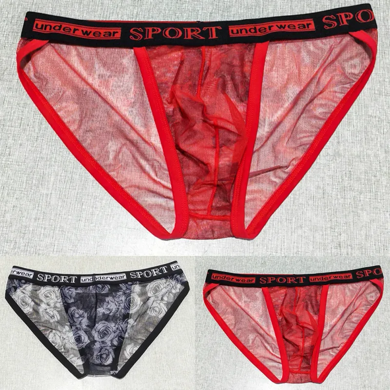 1pc Men Rose Printed Briefs High Fork Perspective Underwear Sexy Mesh Sheer Panties Breathable Comfortable Underpants