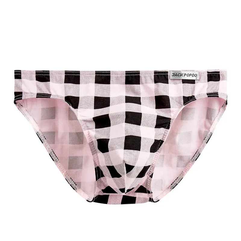 Mode Rutigt Underkläder Bomull Mjuk Elastisk Herrtrosa Andas Bekväma Ungdomkalsonger Herr Sexiga U Bulge Pouch Trosor