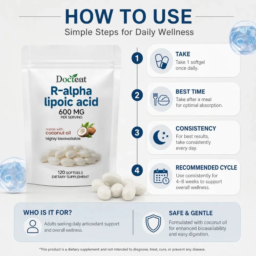 Μαλακές γέλη R-Alpha Lipoic Acid 600 mg ανά μερίδα 120 Αριθμός Φτιαγμένο με λάδι καρύδας Βολική καθημερινή διατροφική υποστήριξη ευεξίας