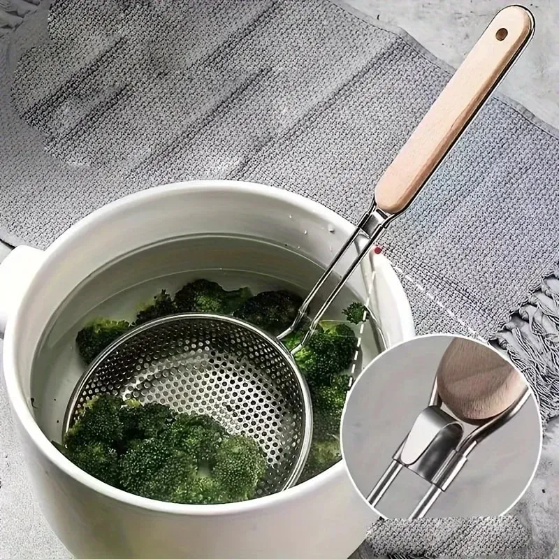 Stainless Steel Colander with Wooden Handle - Fine Mesh Skimmer Spoon for Cooking Food Prep Grease Filtering for Pasta Noodles — image 7
