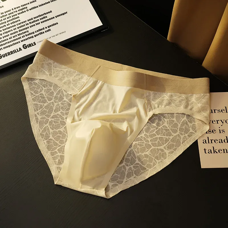 Sem costura jacquard homens triângulo roupa interior de seda gelo fina respirável calcinha de secagem rápida cuecas masculinas sexy u bulge bolsa