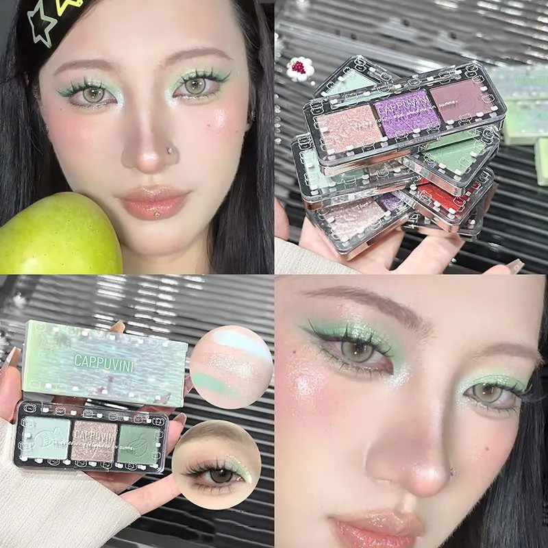 3-Color Glitter Eyeshadow Strip Palette Brightening Waterproof Gradient Mint-green Summer Lying Silkworm Eye Pigment Makeup