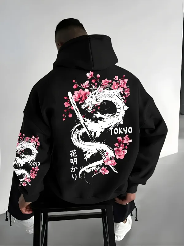 Pulôver masculino com estampa de flor de cerejeira com padrão de dragão para calor de inverno estilo solto e casual — image 1