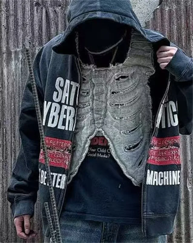 Street Brand 26SS“Cybernetics" Distressed Washed Old Zipper Cotton Winter High-Street Hoodies Sweater For Men — image 7