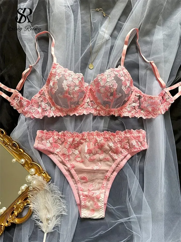 Διχτυωτό Sheer Εσώρουχα Δύο Κοστούμια Γαλλικά Floral Seusual Σετ Εσωρούχων Γυναικεία Κέντημα Σέξι Σετ σουτιέν και σλιπ — image 2