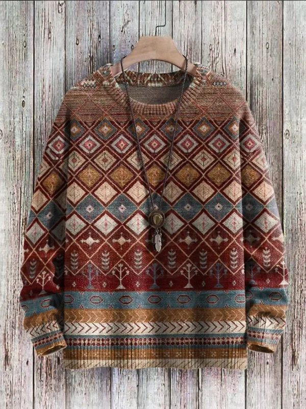 Suéter pulôver de malha com estampa vintage padrão feminino para homens