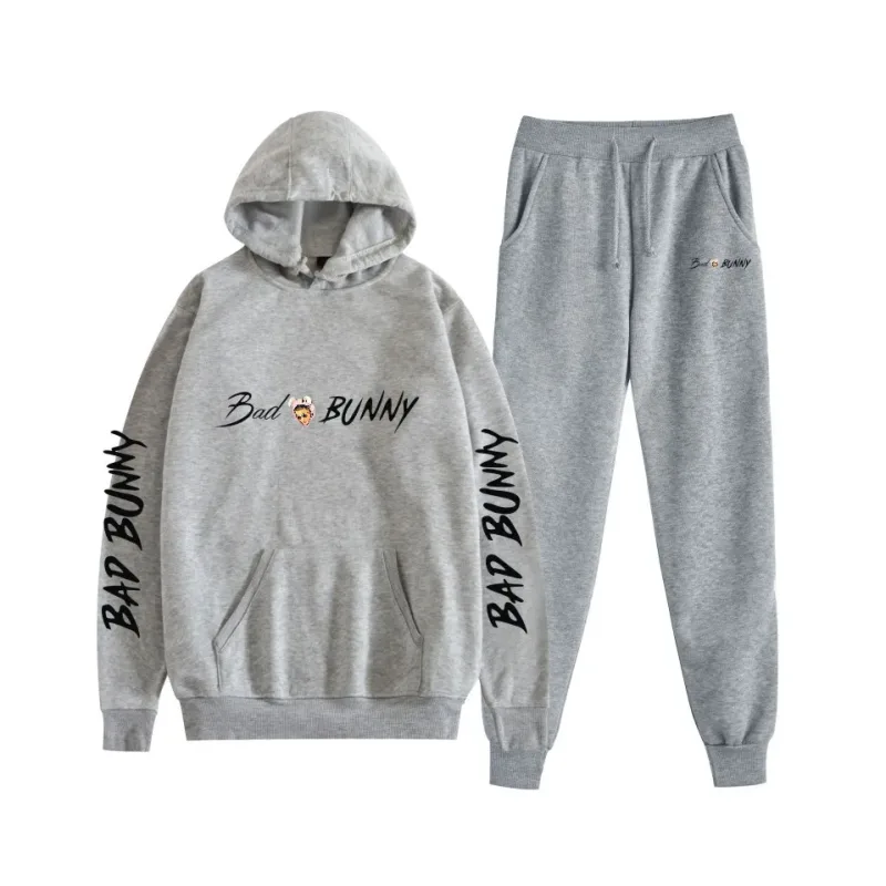 Harajuku confortável bad bunny impressão moletom moletom terno feminino hoodies + calças terno meninos/meninas 2 peça conjunto roupas — image 61