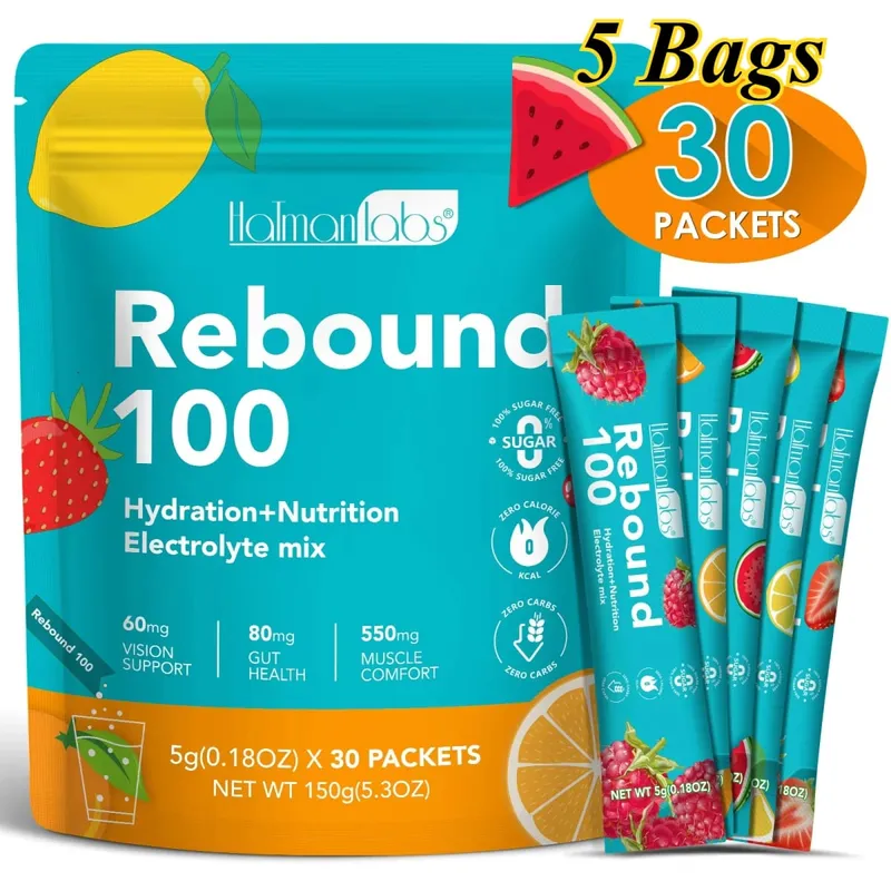 HolmanLabs Rebound 100 elektrolit-kiegészítő por, cukormentes hidratálás, béllátás, izom egészsége C-vitamin B6 B12 30 csomag — image 11