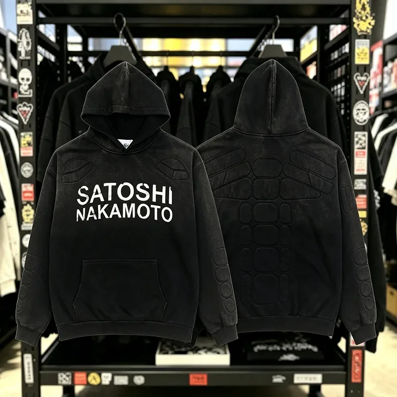 Street Casual SATOSHI Hoodies Pullover Embossed Pattern Embroidery Turtle Shell Design Washed Hooded Men Women Loose Sweatshirts — image 39
