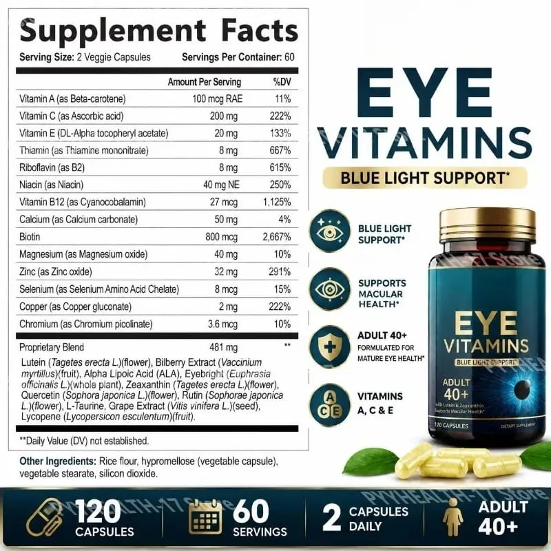 Eye Vitamins Capsules Blue Light Support with Lutein & Zeaxanthin for 40+ Macular Health Support for Men Women 120 Capsules — image 2