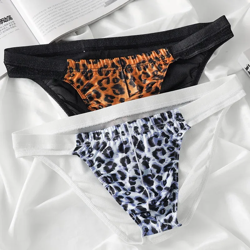 2-Piece Set! Leopard Panties Men's Net Yarn Transparent sexy Briefs Men's Trend Personality Breathable Sports Shorts