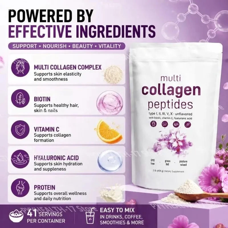 Multi Collagen Peptides I II III V típusú por biotin C-vitaminnal és hialuronsavval támogatja a bőrt, haj körmöket férfiaknak, nőknek — image 3