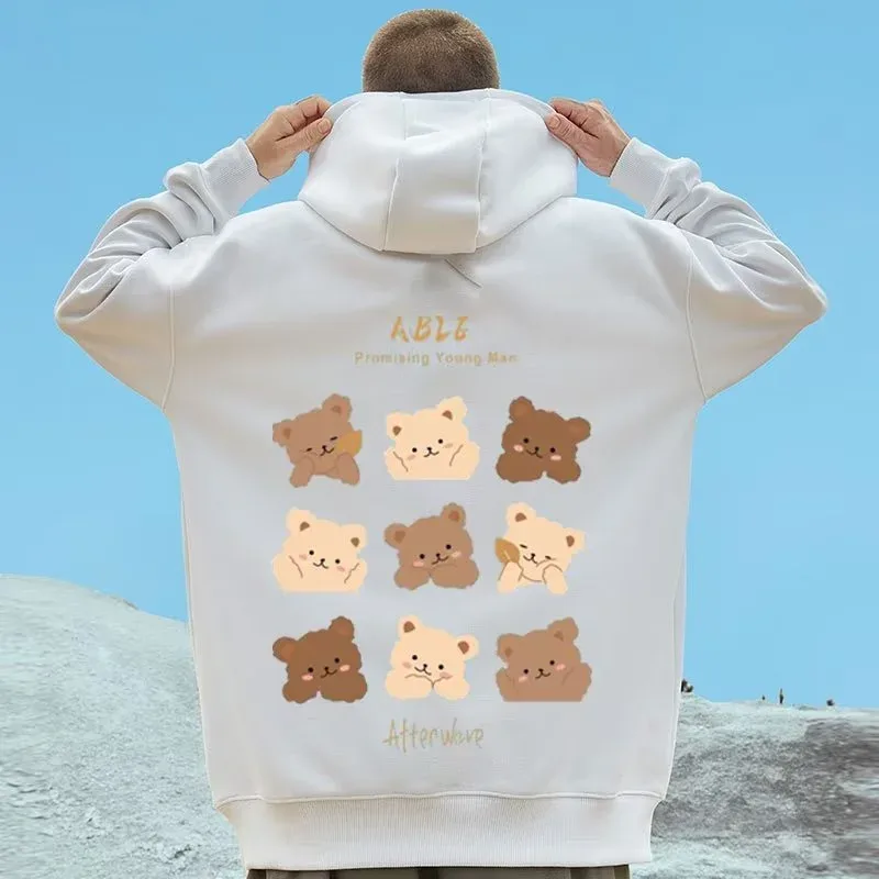 M-8XL Style américain rue marron mignon ours imprimé sweat à capuche Couple sweat à capuche étudiant grand doux velours à capuche pull